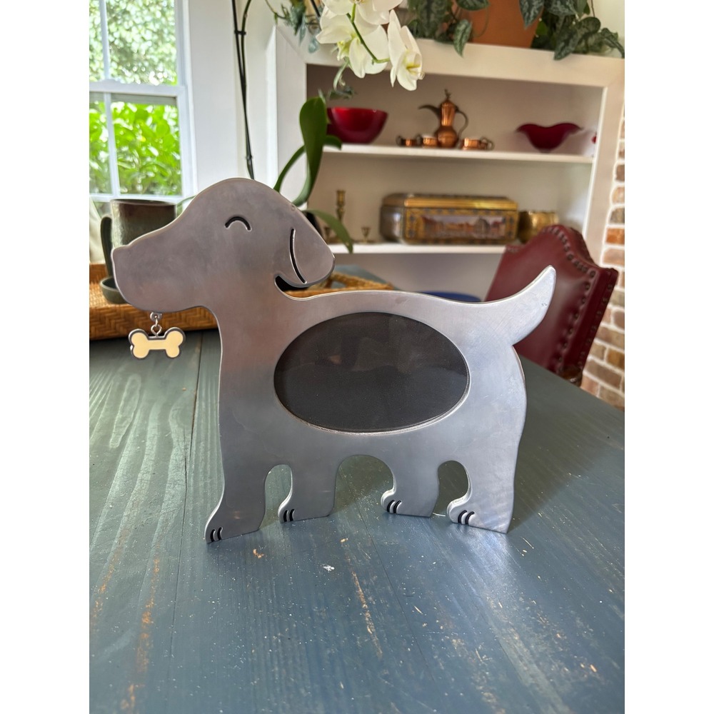 Decorel Brushed Metal Dog Picture Frame Bone Charm Silver Tone Pet Photo Decor